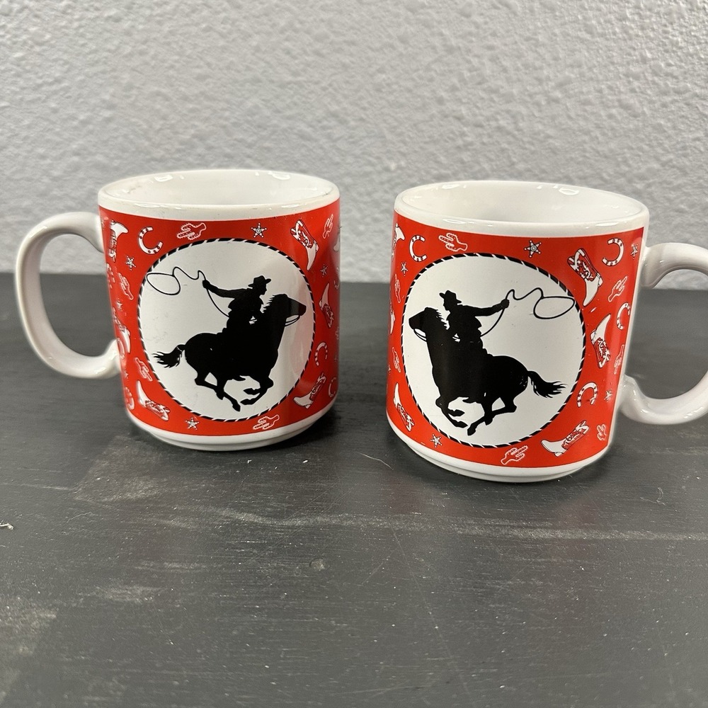 Set of 2 RUSS BERRIE‎ COWBOY ON HORSE COFFEE MUG 3 1/2" RED & WHITE
